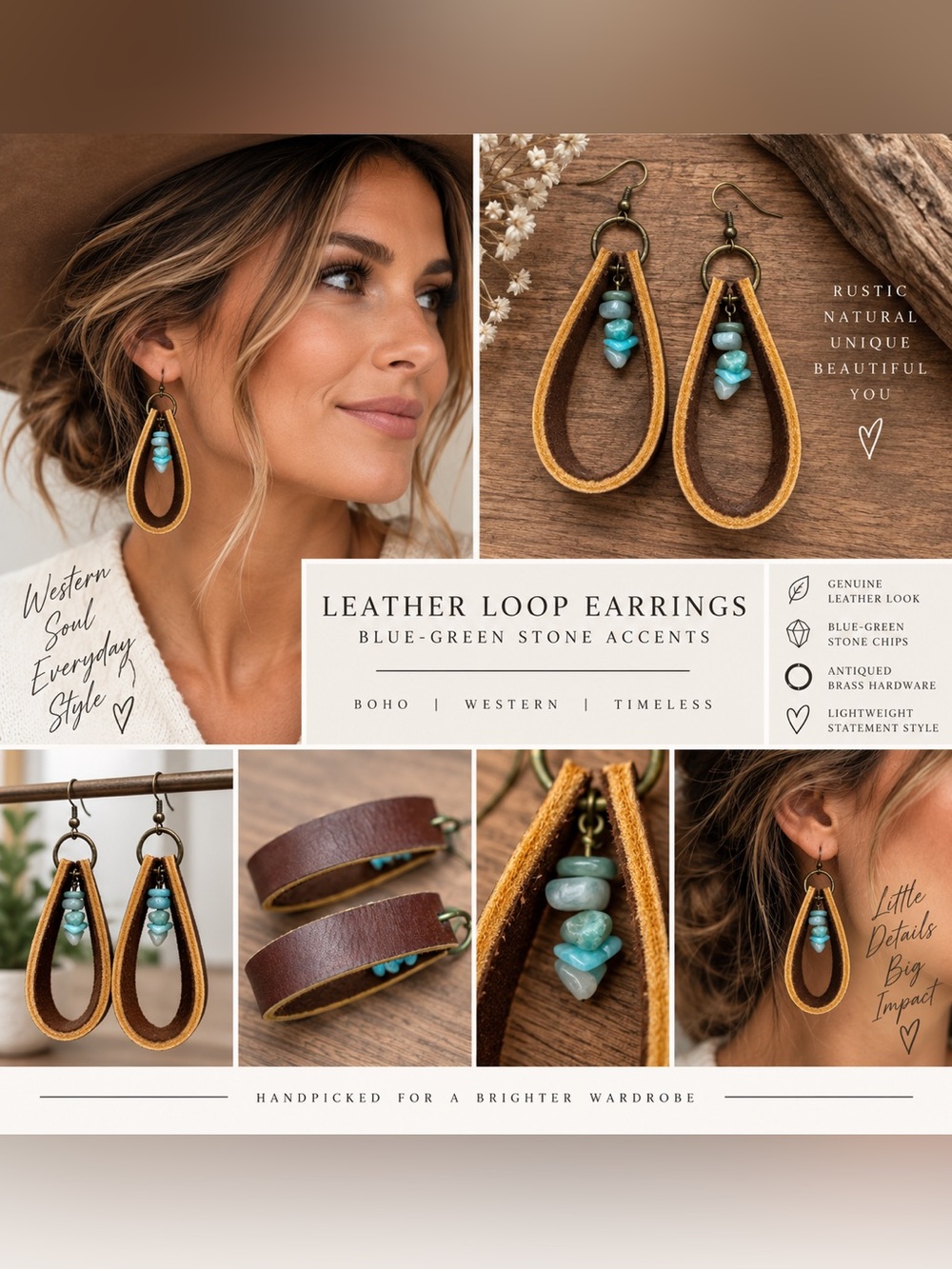 Leather Loop Earrings Blue Green Stone Beads Western Boho Drop